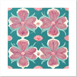 Vintage looking wallpaper with large turquoise and pink flowers. Posters and Art